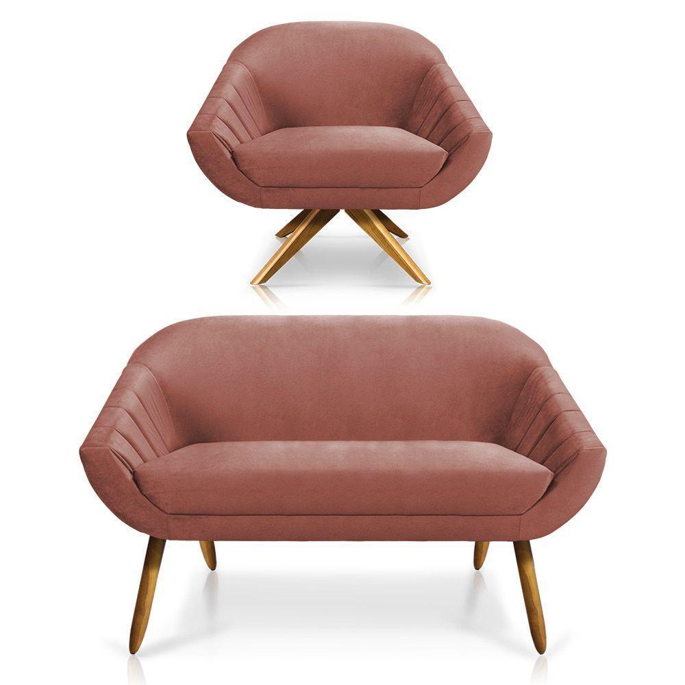 Kit 01 Namoradeira 02 Lugares E 01 Poltrona Giratória Giovana Veludo Rosê Base Madeira - 1