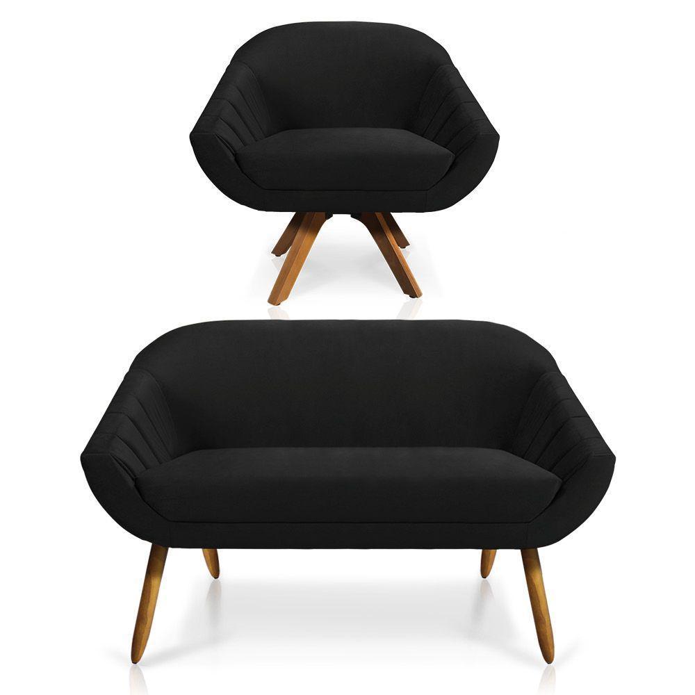 Kit 01 Namoradeira 02 Lugares E 01 Poltrona Giratória Giovana Veludo Preto Base Madeira - 1