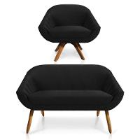 Kit 01 Namoradeira 02 Lugares E 01 Poltrona Giratória Giovana Veludo Preto Base Madeira - 1