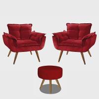 Kit 2 Poltronas Opalas Com Puff Redondo Suede Vinho Marsala - 1