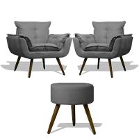 Kit 2 Poltronas Opalas Com Puff Redondo Suede Grafite - 1