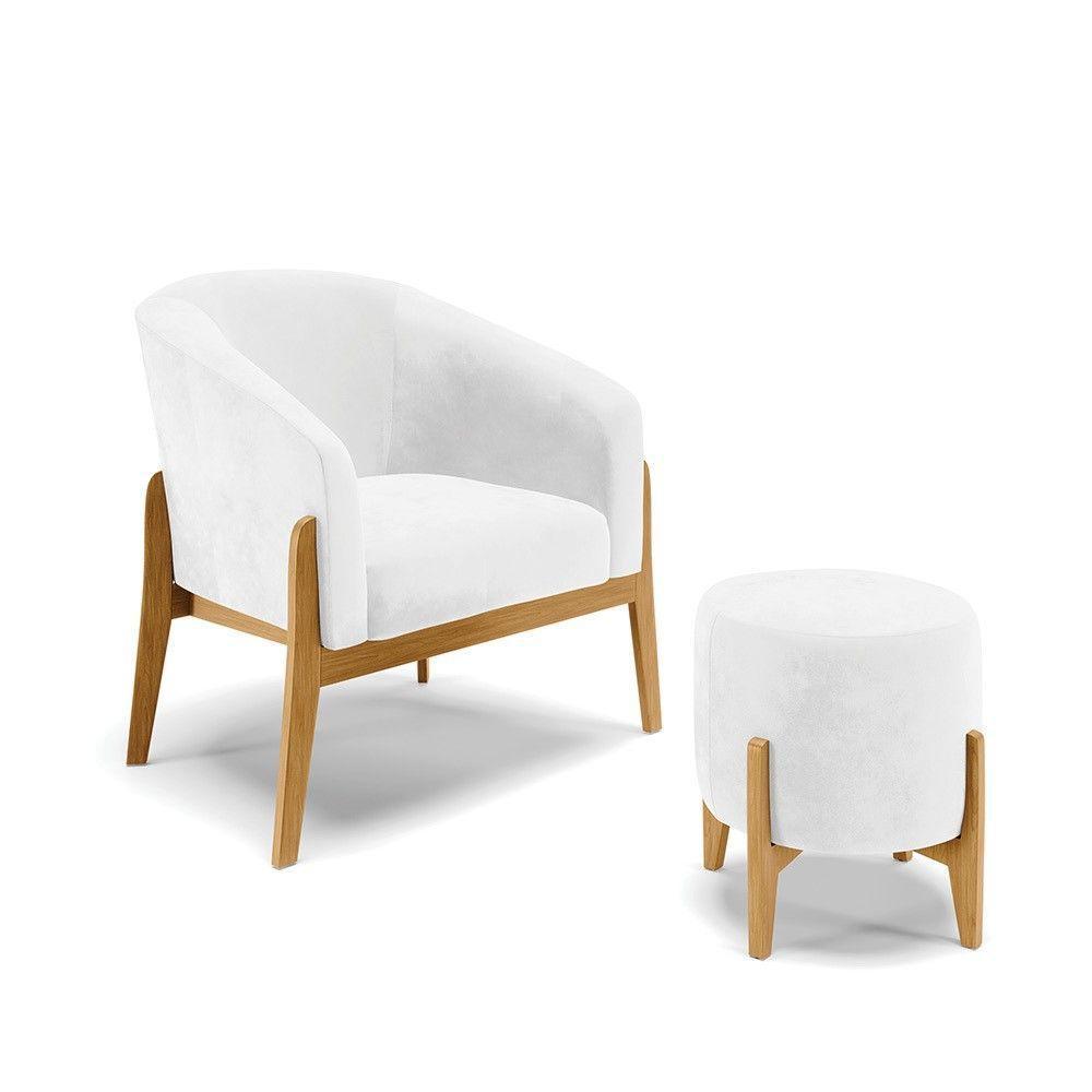 Kit 01 Poltrona E 01 Puff Base Madeira Castanho Branco - 1