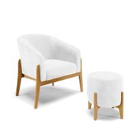Kit 01 Poltrona E 01 Puff Base Madeira Castanho Branco - 1