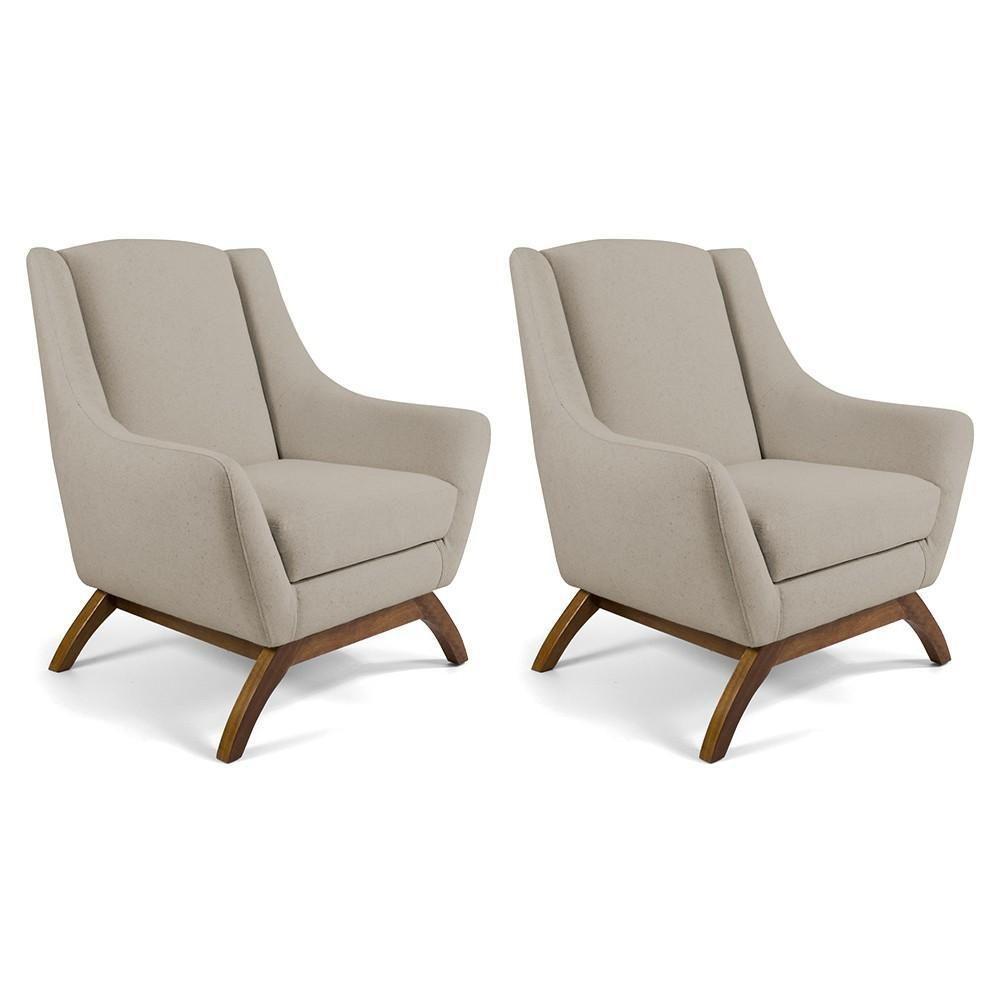 Kit 02 Poltronas Fixa Base De Madeira Linho Bege C-129 - 1