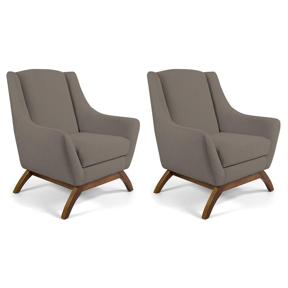 Kit 02 Poltronas Fixa Base De Madeira Veludo Bege Escuro - 1