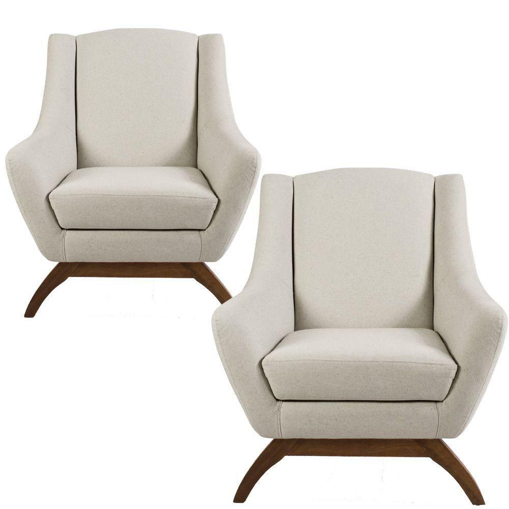 Kit 02 Poltronas Fixa Base De Madeira Algodão Bege C-370 - 1