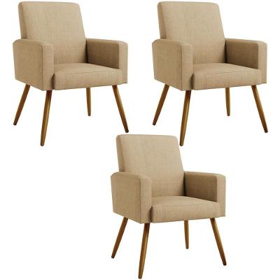 Kit 03 Poltronas Maria W01 Decorativa Linho Bege Lyam Decor