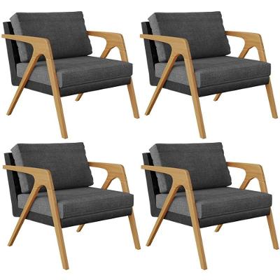 Kit 04 Poltronas Pietra L02 Couríssimo Preto Linho Cinza Escuro Lyam Decor