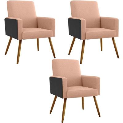 Kit 03 Poltronas Pés Palito Linho Rosê Couríssimo Preto