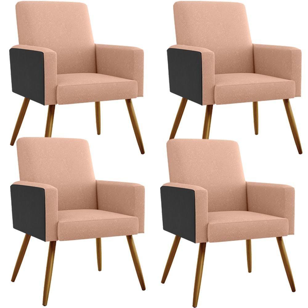 Kit 04 Poltronas Pés Palito Linho Rosê Couríssimo Preto - 1