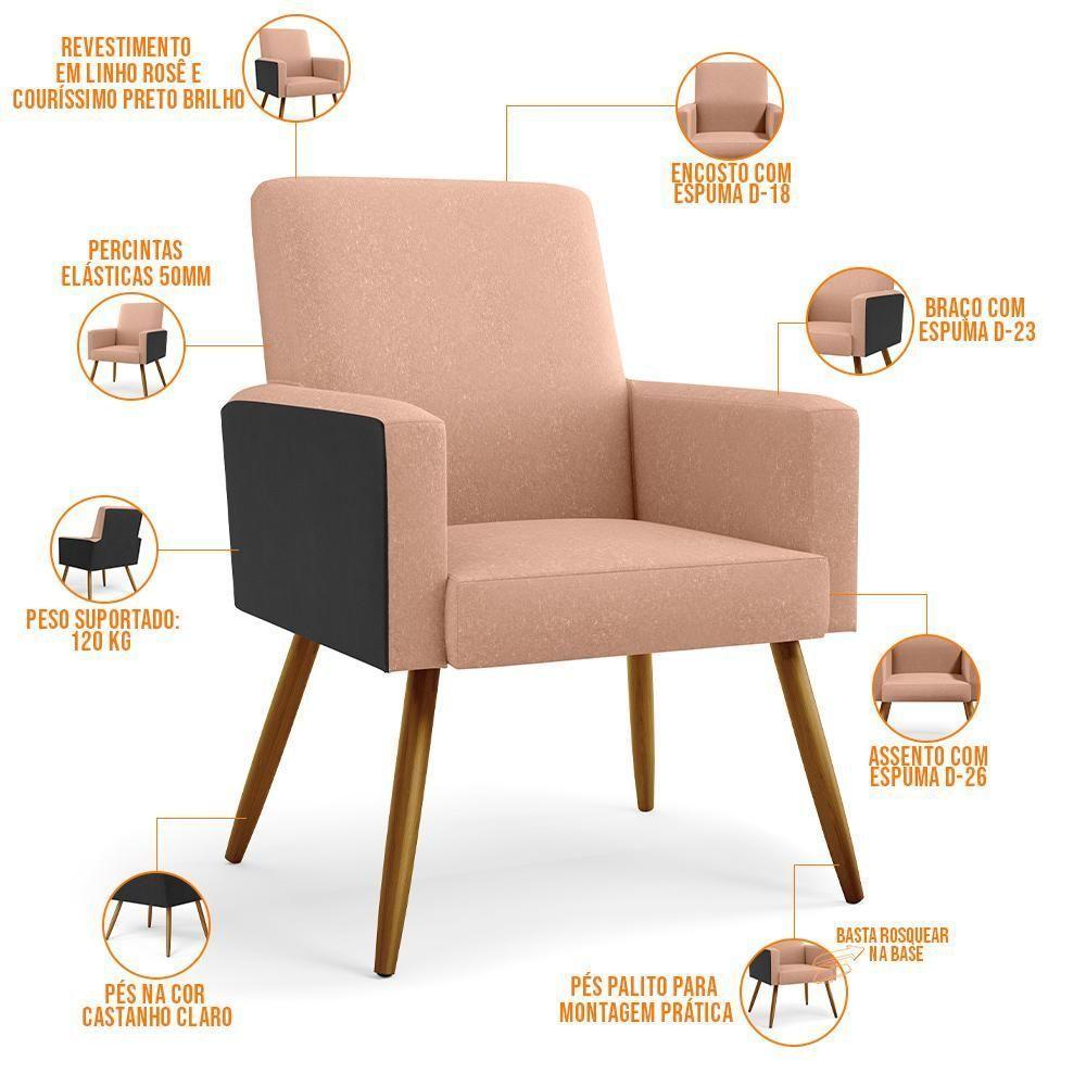 Kit 04 Poltronas Pés Palito Linho Rosê Couríssimo Preto - 6