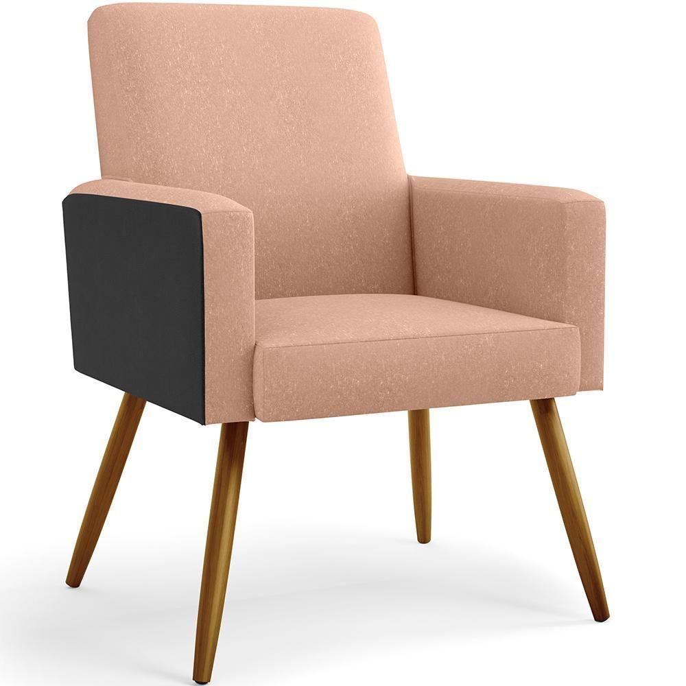 Kit 04 Poltronas Pés Palito Linho Rosê Couríssimo Preto - 7