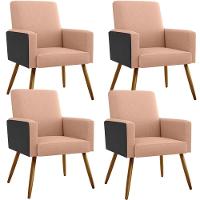 Kit 04 Poltronas Pés Palito Linho Rosê Couríssimo Preto - 1