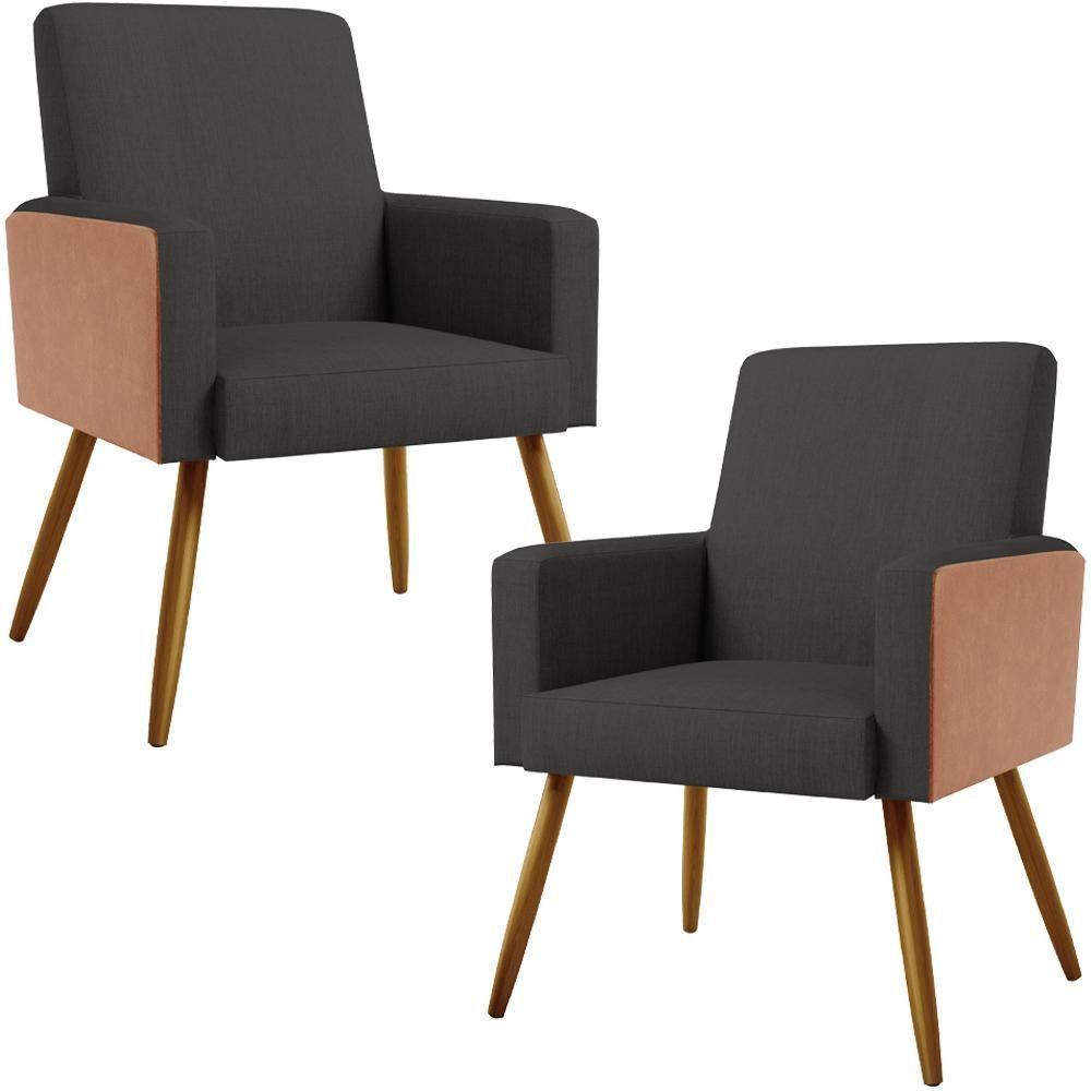 Kit 02 Poltronas Pés Palito Linho Chumbo Couríssimo Camel - 1