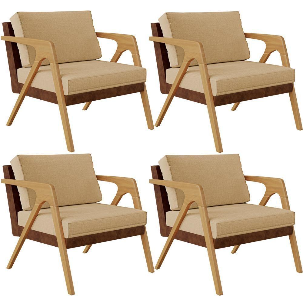 Kit 04 Poltronas Pietra Couríssimo Marrom Linho Bege Escuro - 1