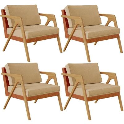 Kit 04 Poltronas Decorativas Pietra L02 Couríssimo Linho Bege Caramelo Lyam Decor