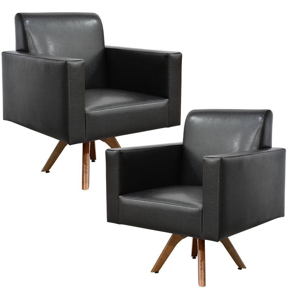 Kit 02 Poltronas Giratória Base De Madeira Couríssimo Preto - 1