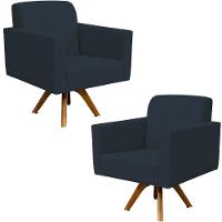 Kit 02 Poltronas Giratória Base Madeira Suede Azul Marinho - 1