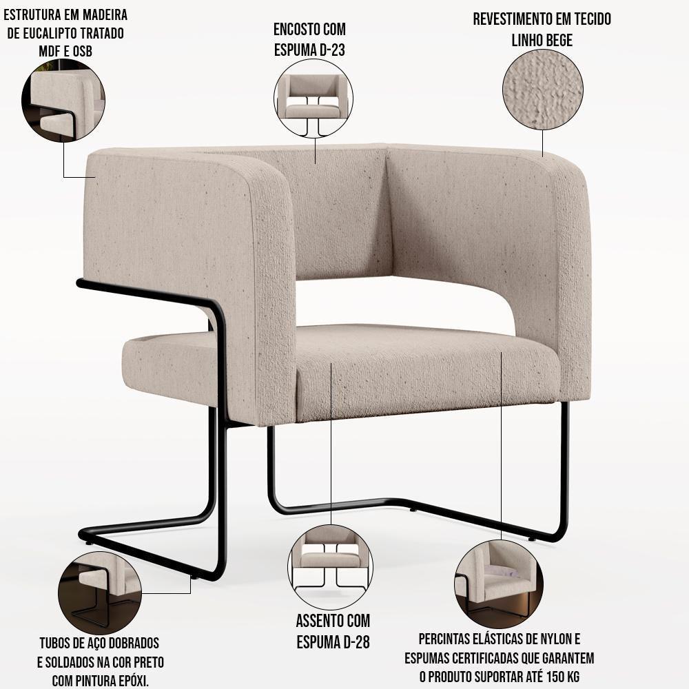 Poltrona Base De Aço Preto Linho Bege C-107 - 5