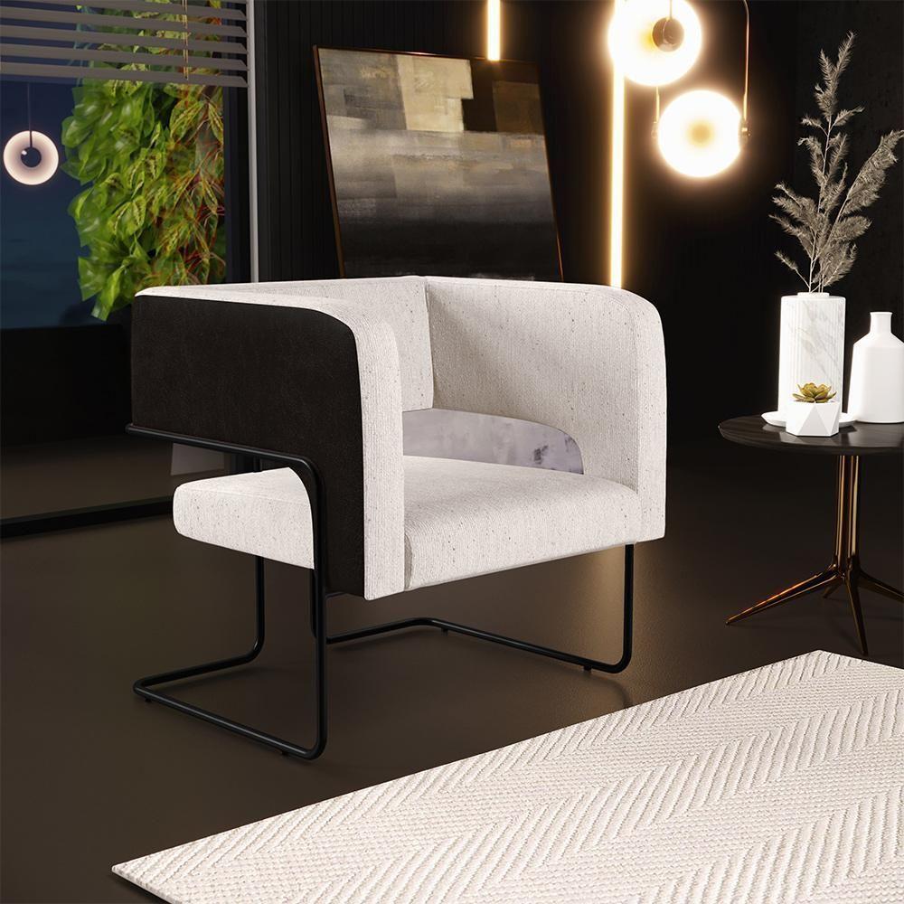 Poltrona Base Aço Preto Corano Preto C-05 Linho Cru - 7