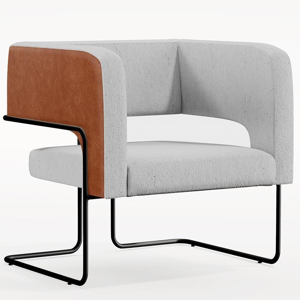 Poltrona Base Aço Preto Couríssimo Camel B-14 Linho Cinza - 1