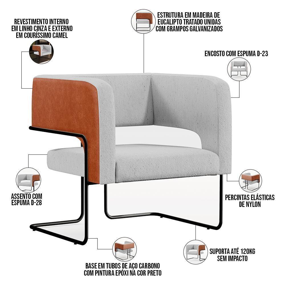 Poltrona Base Aço Preto Couríssimo Camel B-14 Linho Cinza - 5