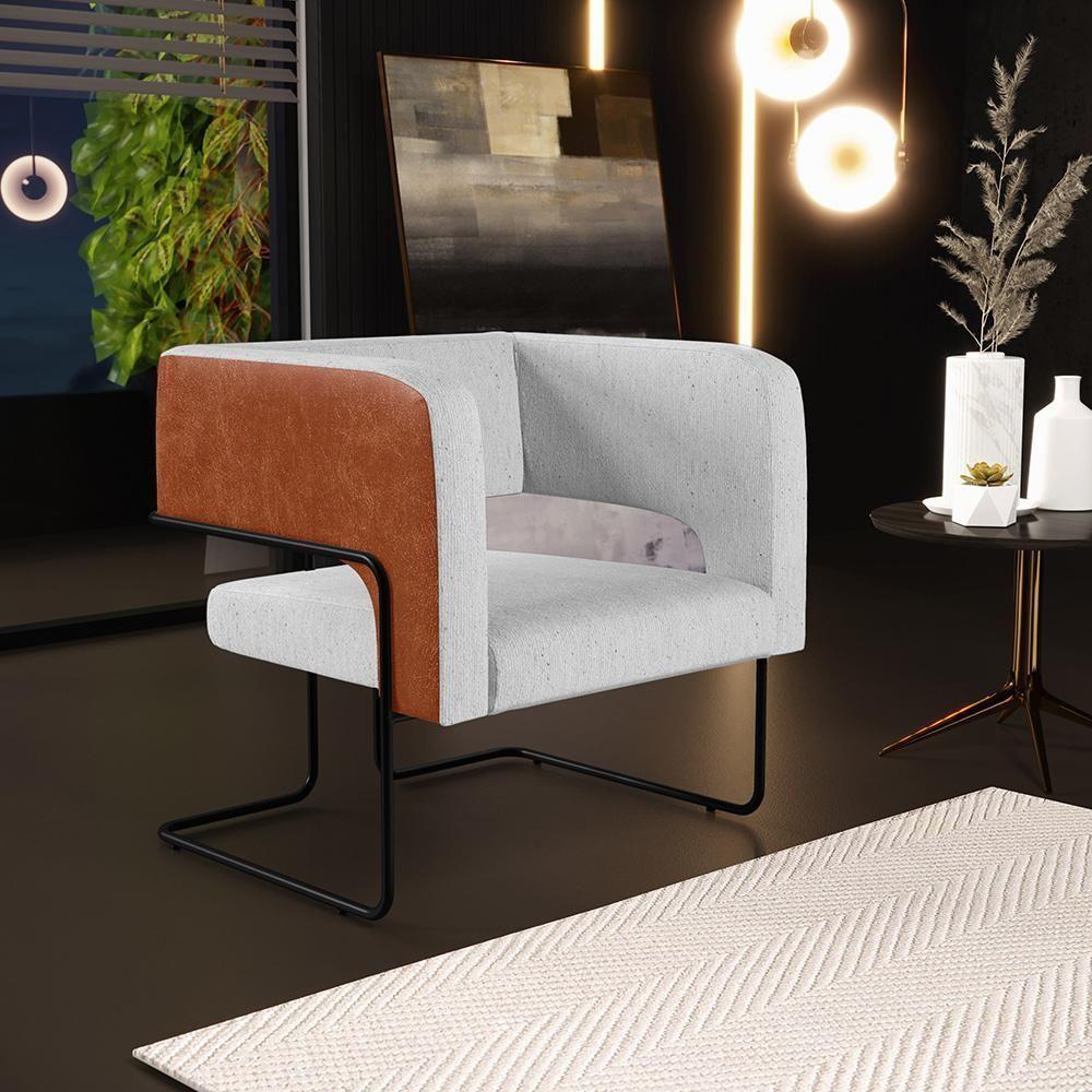 Poltrona Base Aço Preto Couríssimo Camel B-14 Linho Cinza - 7
