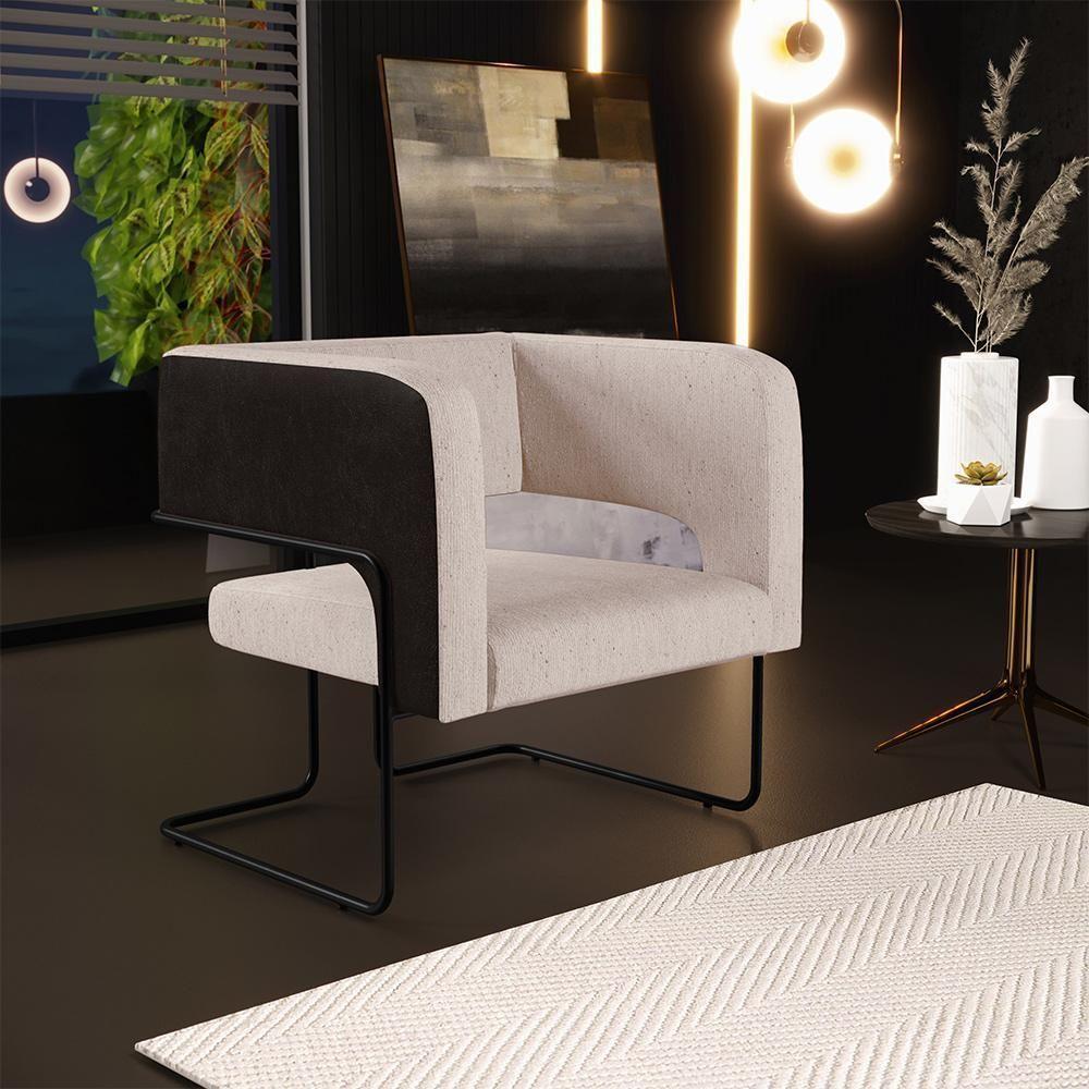 Poltrona Base Aço Preto Corano Preto C-05 Linho Bege - 7