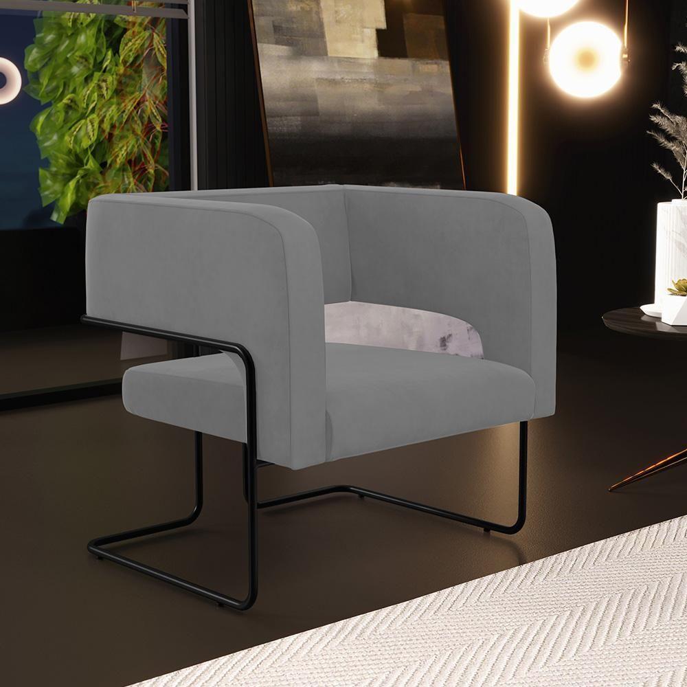Poltrona Base De Aço Preto Veludo Cinza C-317 - 7