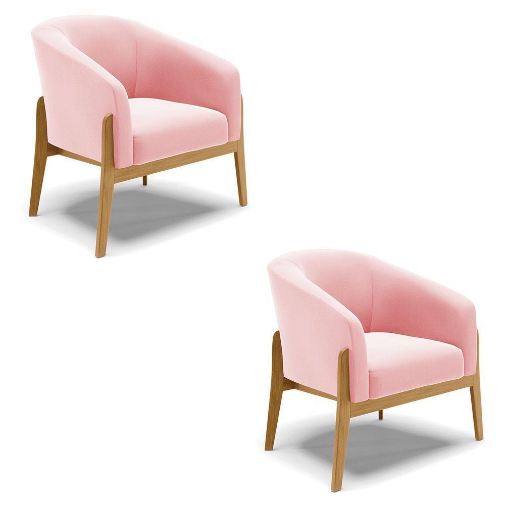 Kit 02 Poltronas Stella Suede Base Madeira Castanho - D'rossi Cor Rosa Bebê - 1
