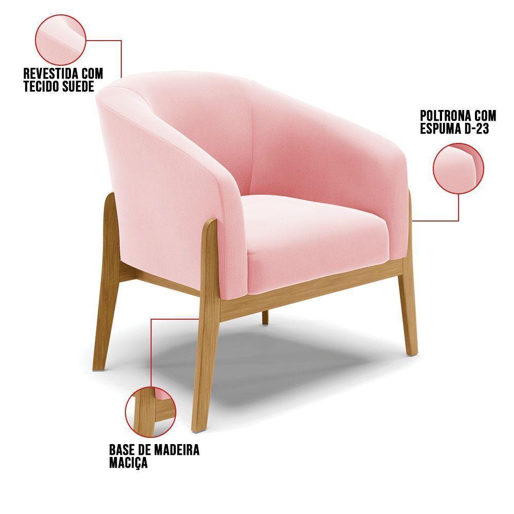 Kit 02 Poltronas Stella Suede Base Madeira Castanho - D'rossi Cor Rosa Bebê - 4