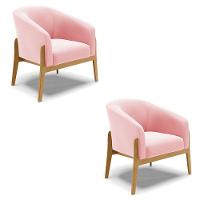 Kit 02 Poltronas Stella Suede Base Madeira Castanho - D'rossi Cor Rosa Bebê - 1