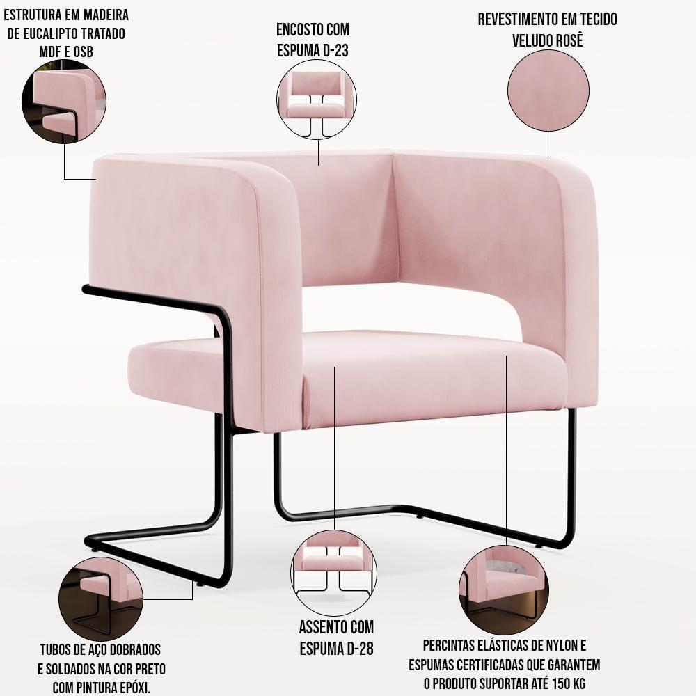 Poltrona Base De Aço Preto Veludo Rosê C-305 - 5