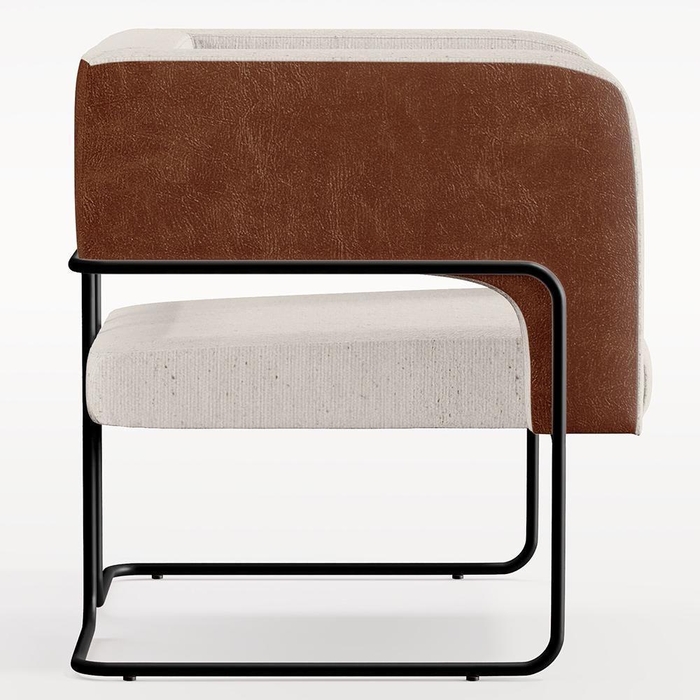 Poltrona Base Aço Preto Couríssimo Marrom Linho Cru - 3