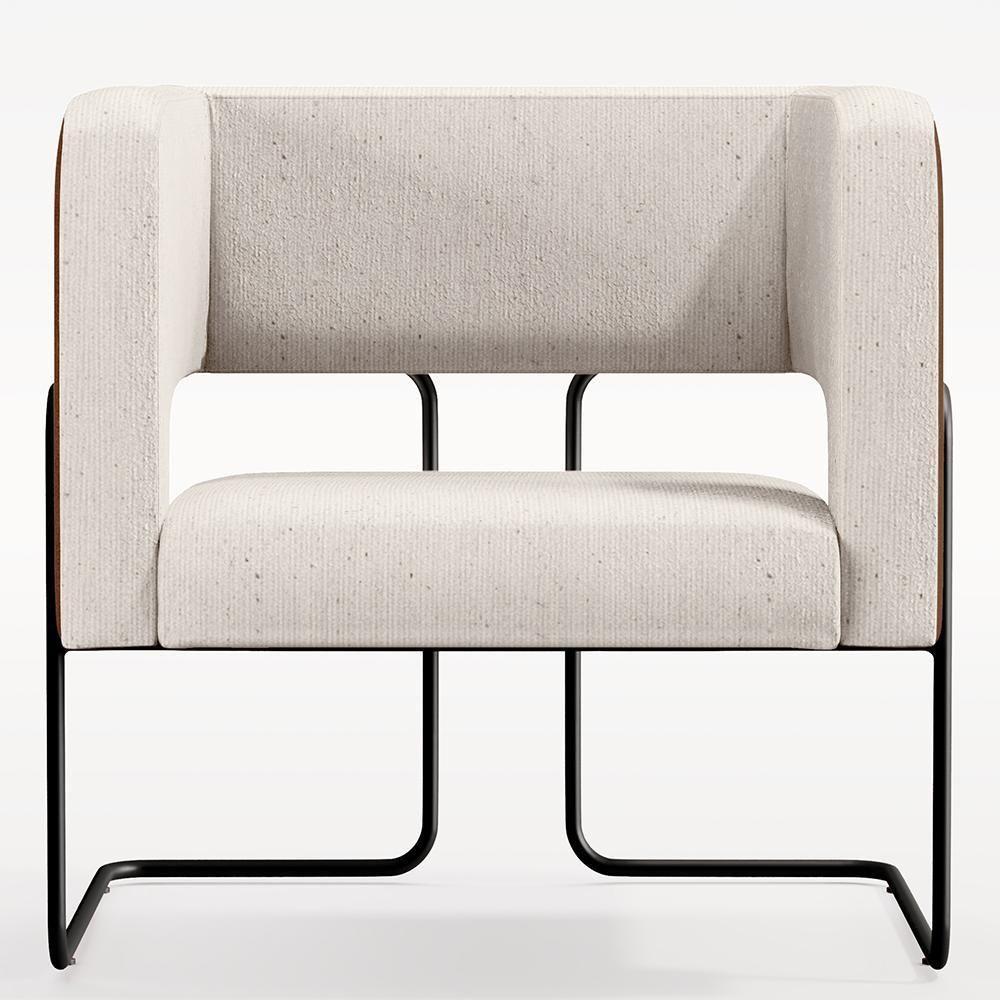 Poltrona Base Aço Preto Couríssimo Marrom Linho Cru - 6