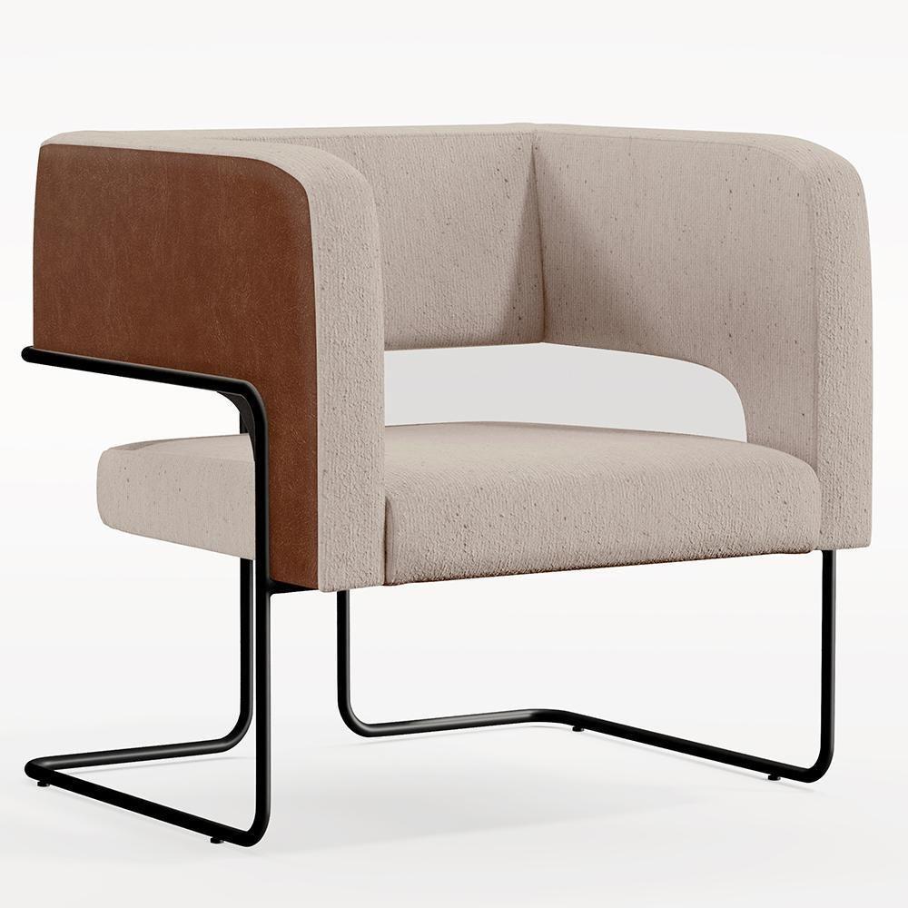 Poltrona Base Aço Preto Couríssimo Marrom Linho Bege - 1