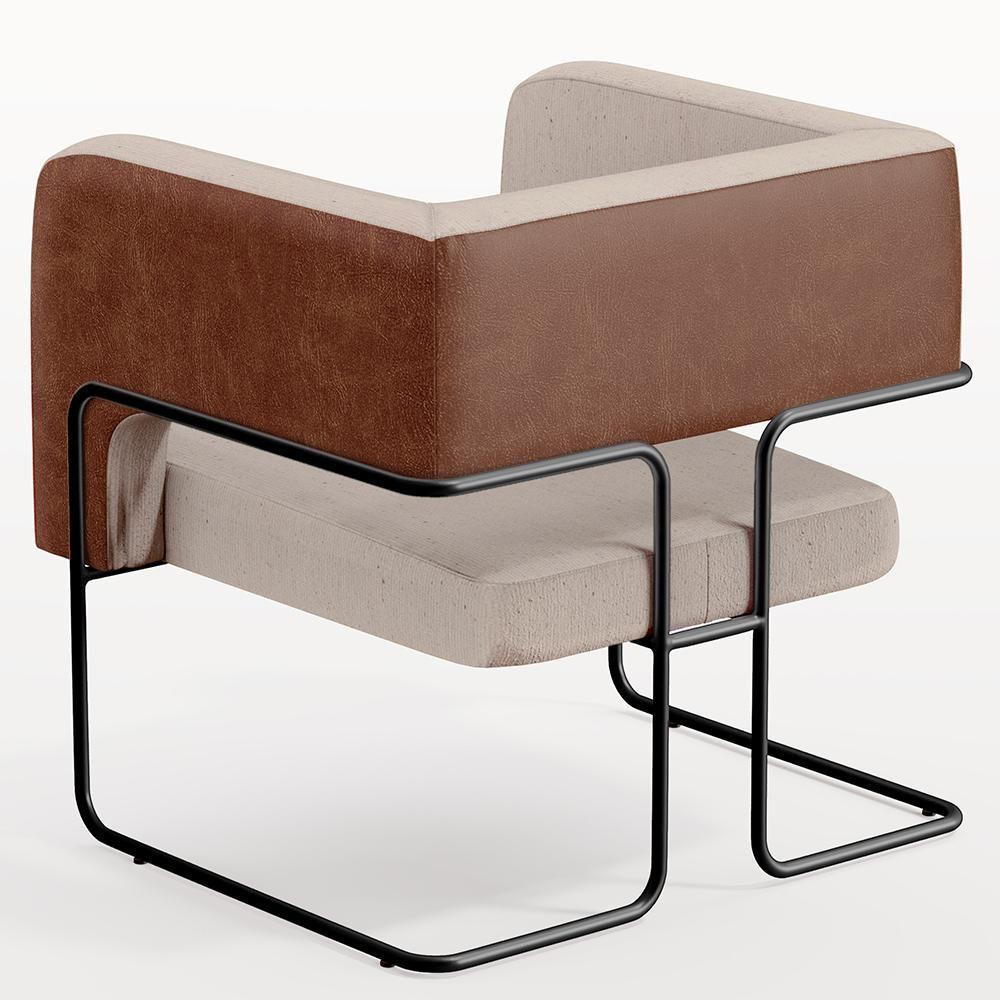 Poltrona Base Aço Preto Couríssimo Marrom Linho Bege - 2