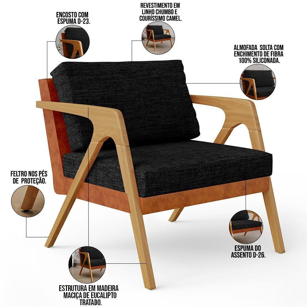 Poltrona Pietra Couríssimo Camel Linho Chumbo - 5