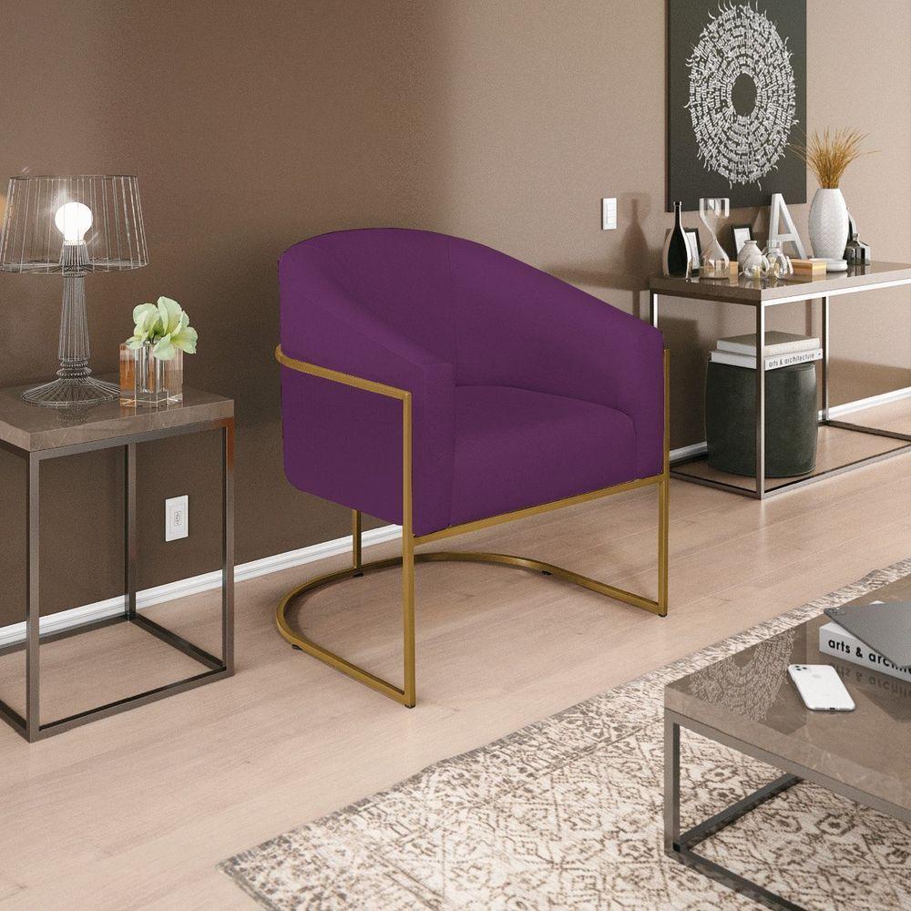 Poltrona Decorativa Sala De Estar Recepção Luiza Base De Ferro Dourado Suede - Amarena Móveis Roxo - 1