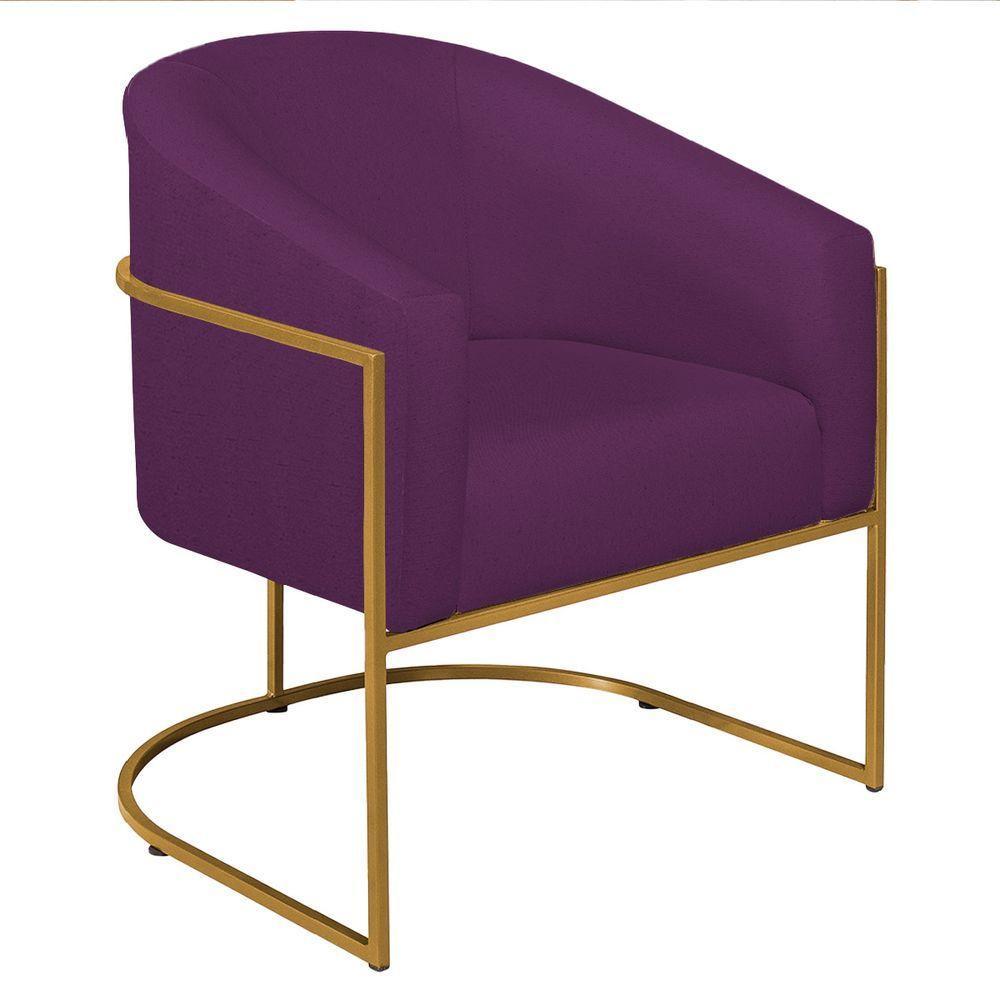 Poltrona Decorativa Sala De Estar Recepção Luiza Base De Ferro Dourado Suede - Amarena Móveis Roxo - 10