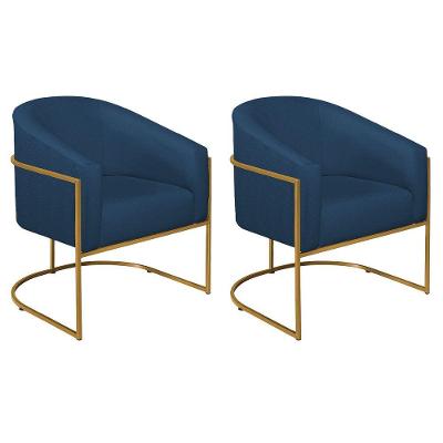 Kit 02 Poltronas Decorativas Luiza Base De Ferro Dourado Suede - Doce Sonho Móveis Azul Marinho
