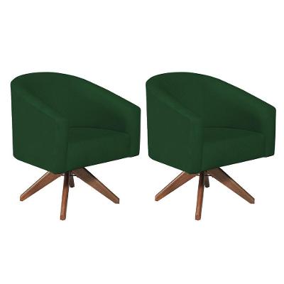 Kit 02 Poltronas Decorativas Luiza Base Giratória De Madeira Suede - Doce Sonho Móveis Verde