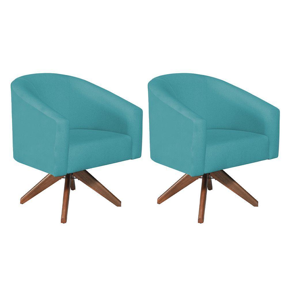 Kit 02 Poltronas Decorativas Luiza Base Giratória De Madeira Suede - Doce Sonho Móveis Azul Turquesa - 1