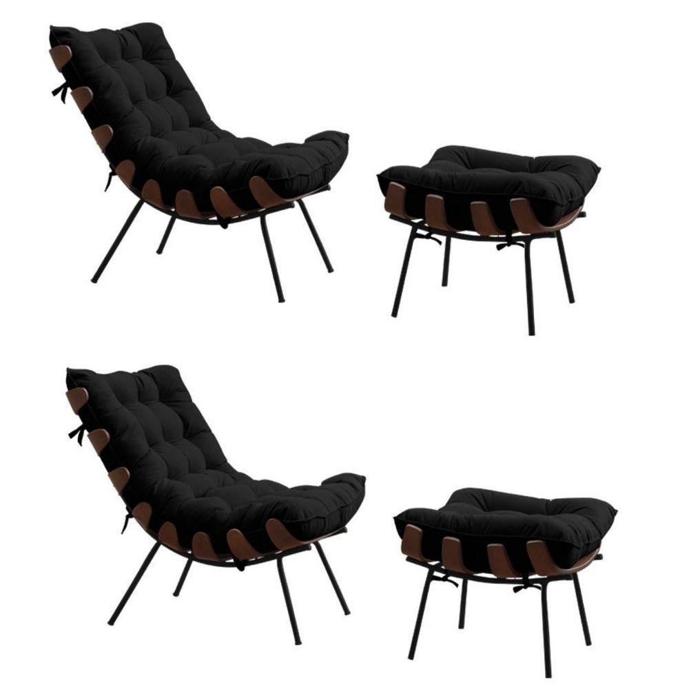 Kit 2 Poltronas Costela Com 2 Puffs Suede Preto - 1