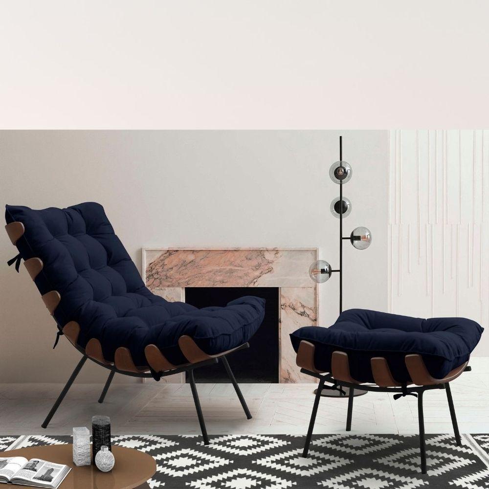 Kit 2 Poltronas Costela Com 2 Puffs Suede Preto - 2