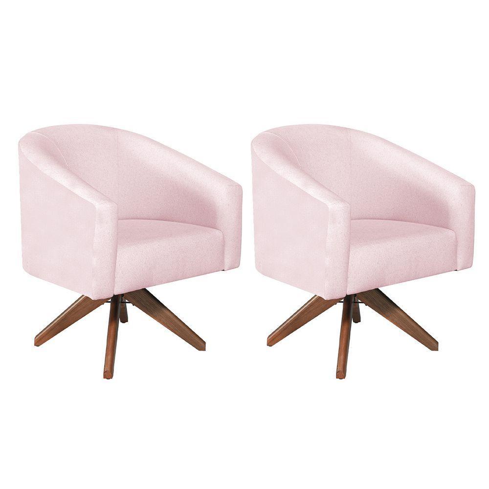 Kit 02 Poltronas Decorativas Luiza Base Giratória De Madeira Suede - Doce Sonho Móveis Rosa Bebê - 1