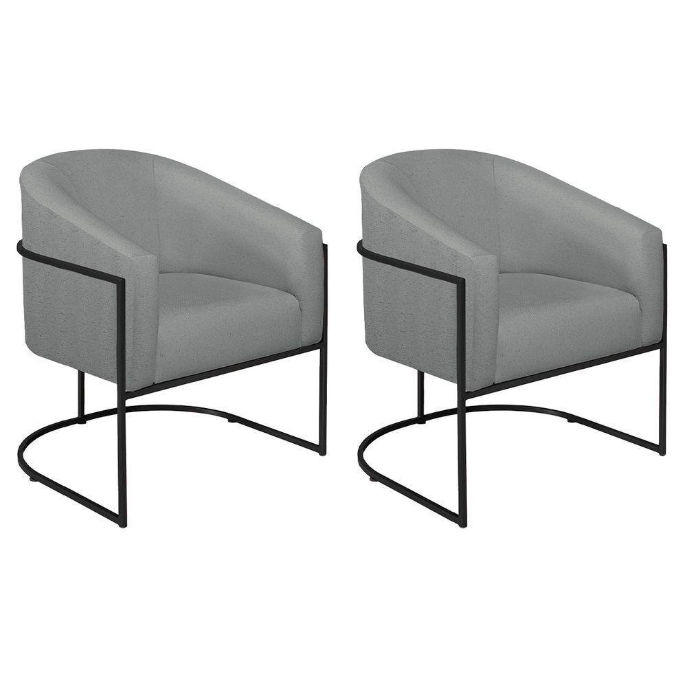 Kit 02 Poltronas Decorativas Luiza Base De Ferro Preto Suede - Doce Sonho Móveis Cinza - 1