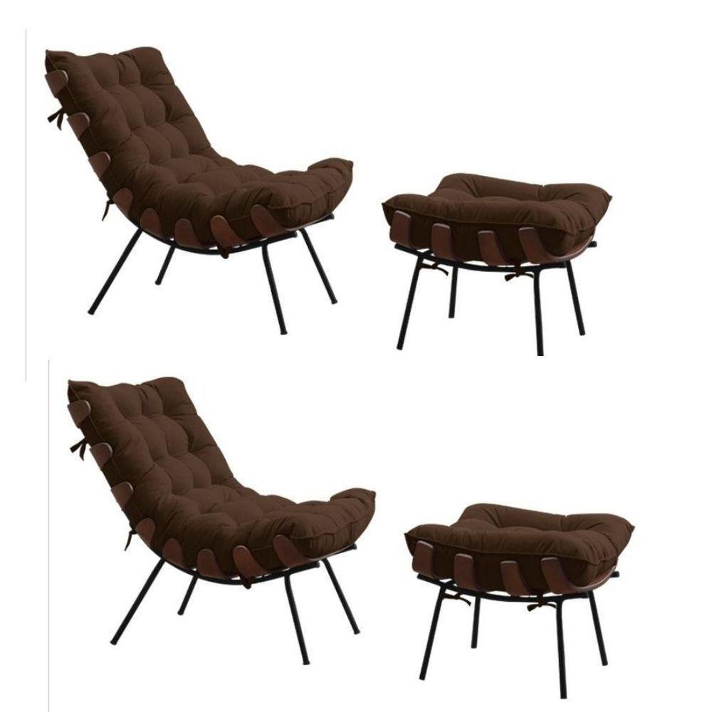 Kit 2 Poltronas Costela Com 2 Puffs Suede Marrom - 1