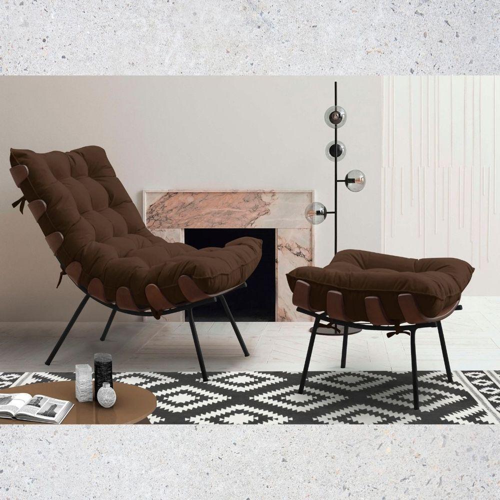 Kit 2 Poltronas Costela Com 2 Puffs Suede Marrom - 2