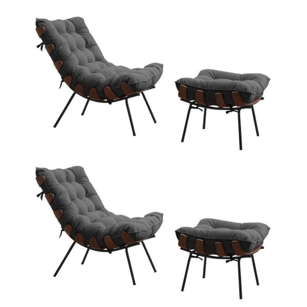 Kit 2 Poltronas Costela Com 2 Puffs Suede Cinza - 1